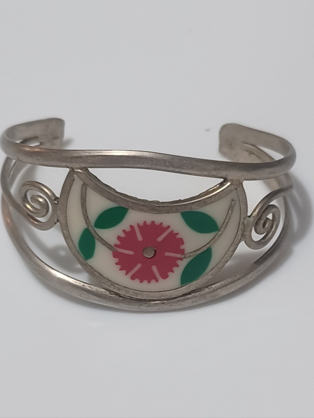 Vintage SILVER Apaca Floral Cuff Enamal Inlay Openwire Work Pink Green Flower